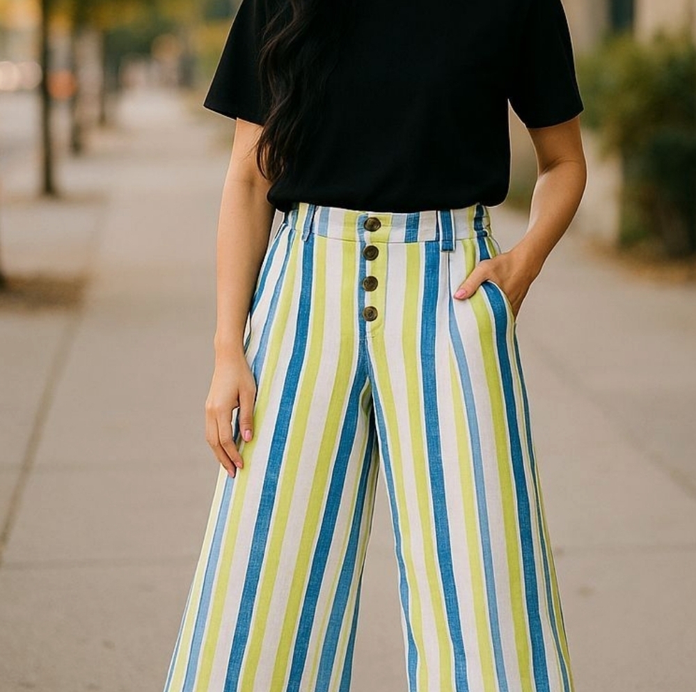 Ana A New Approach Womens Linen Pants Size XS Green Blue Striped With Pockets